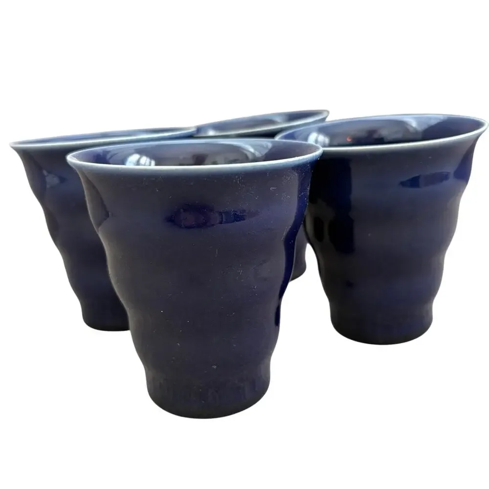 LOT 4 Boda Nova Sweden Blue Ribbed Tapered Ceramic Drinking Glasses 90s Y2K